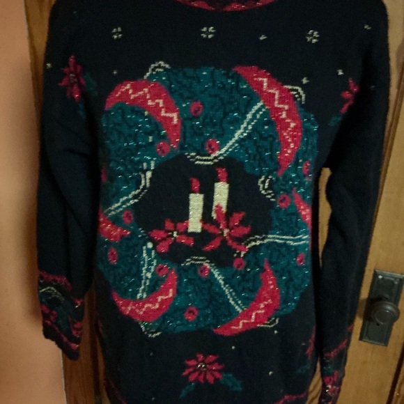 Vtg 90s oversized Christmas Wreath Glittery Sweater - Picture 5 of 13